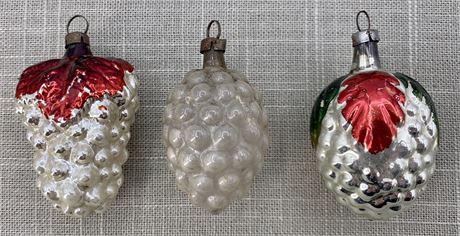 Trio Antique Glass Grape Cluster Feather Tree Ornaments