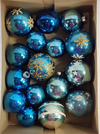 Box lot of VTG Glass Shiny Brite Ornaments All Blue