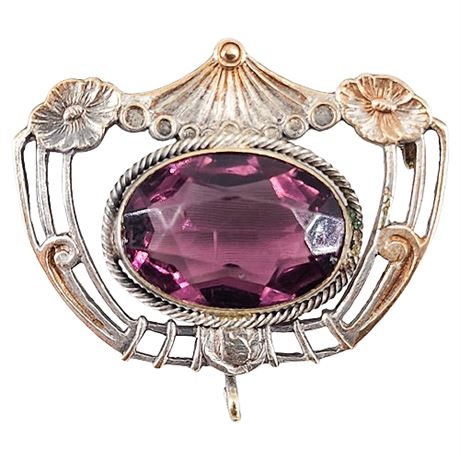 Vintage Art Nouveau Silver Plated Purple Paste Stone Brooch