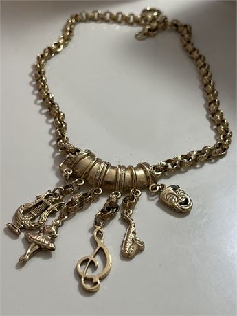 Musical performing arts, gold tone, vintage necklace