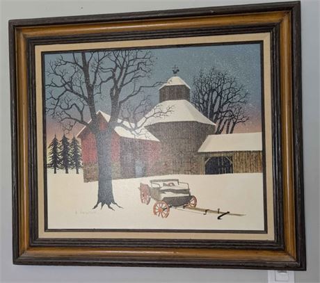 Large Signed H. Hargrove Red Barn Farm Scene w/ Certificate