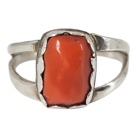Vintage Sterling Silver Red Coral Ring, Sz 3