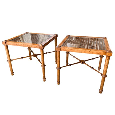 Vintage Faux Bamboo, Cane Wood & Glass Top Side Tables