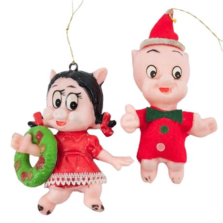 Vintage Porky & Petunia Pig Plastic Ornaments