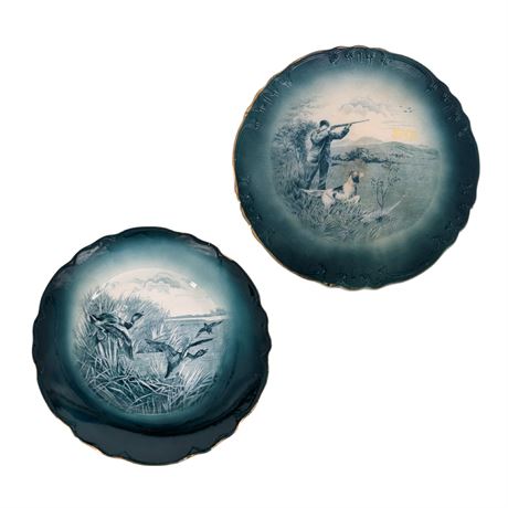 Pair Buffalo Pottery Wild Ducks Plates Semi-Vitreous Duck Hunting