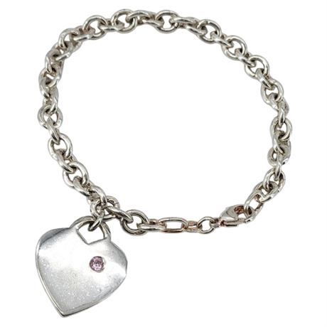 Vintage Sterling Silver Pink CZ Heart Charm Bracelet