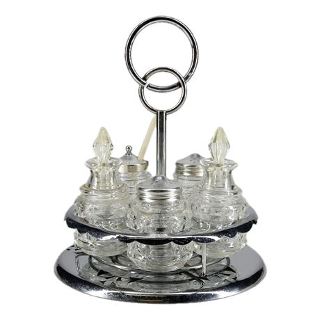 Vintage Chrome Condiment Caddy with Glass Condiment Jars