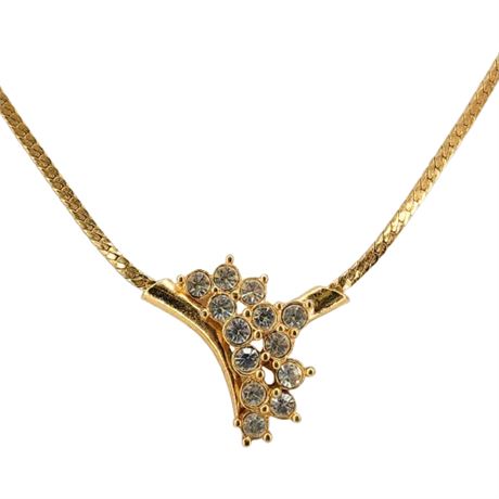 Vintage Gold Tone Herringbone Chain & Rhinestone Cluster Necklace