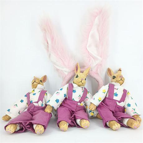 Vintage Bunny Trio Figurines in Overalls with Bunny Ears