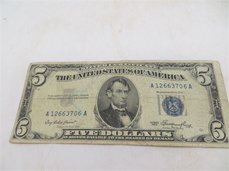 1953 $5 Federal Reserve Note # A 12663706 A