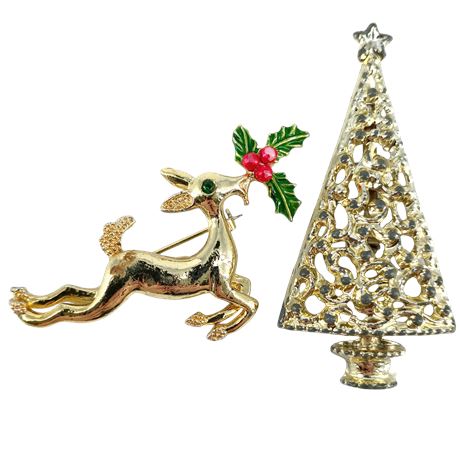 Vintage Christmas Brooch Lot – Reindeer with Holly & Filigree Tree