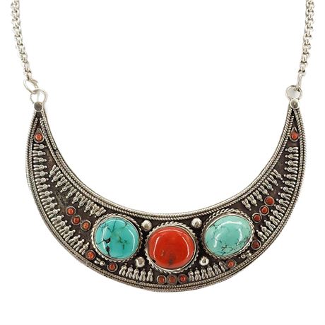 Vintage Tibetan Sterling Silver Turquoise & Carnelian Bib Necklace