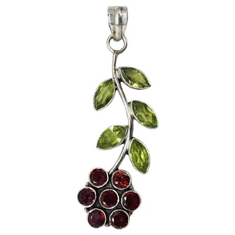 Sterling Silver, Garnet, & Peridot Flower Pendant