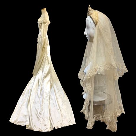 1940s Champagne Satin Wedding Gown & Glass Bead Bridal Tiara Veil