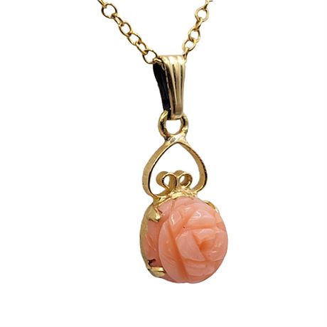 Vintage 12K Gold Filled Carved Coral Rose Pendant Necklace