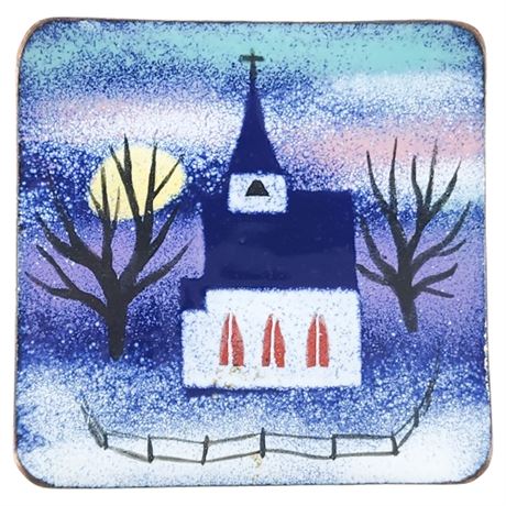 Vintage Enamel on Copper Church Winter Scene Brooch