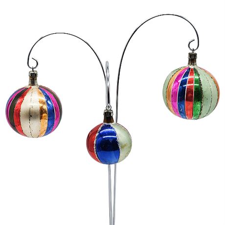 Vintage Poland Circus Stripe Mica Glitter Christmas Bulb Ornaments