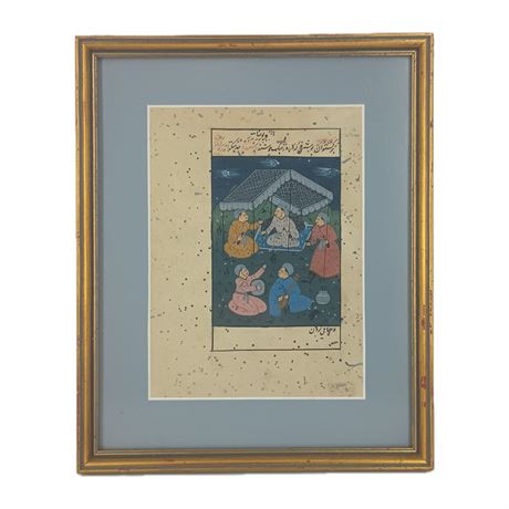 Framed Persian Miniature Painting on Manuscript – Musicians and Courtiers Scene