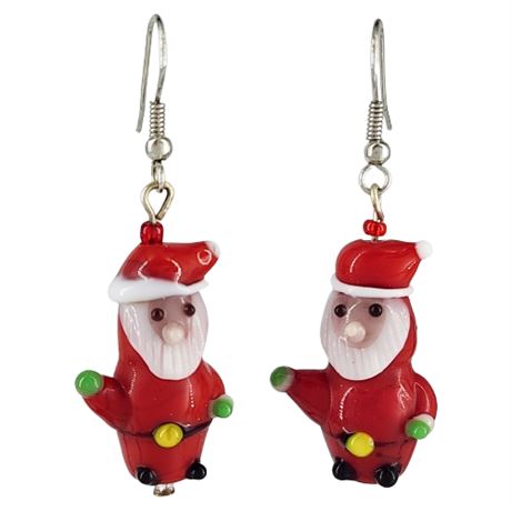 Vintage Lampwork Art Glass Santa Claus Earrings