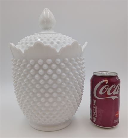 Large Fenton Candy Cookie hobnail milk glass covered jar