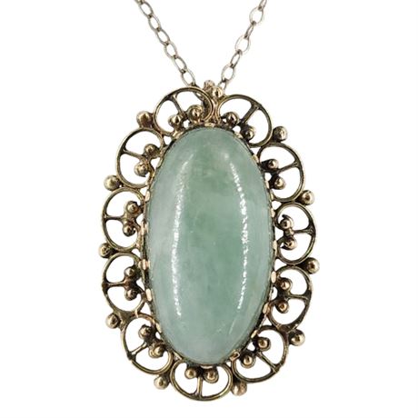 Vintage Jade Filigree Pendant on Sterling Silver Chain