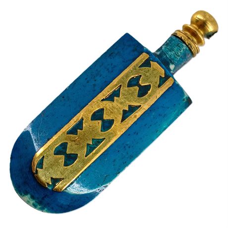 Art Deco Blue Art Glass Perfume Bottle / Pendant with Gold-Tone Overlay