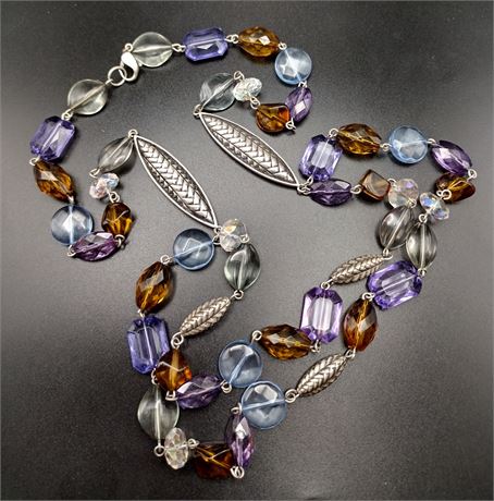 Silvertone two strand blue brown purple bead necklace 29 in