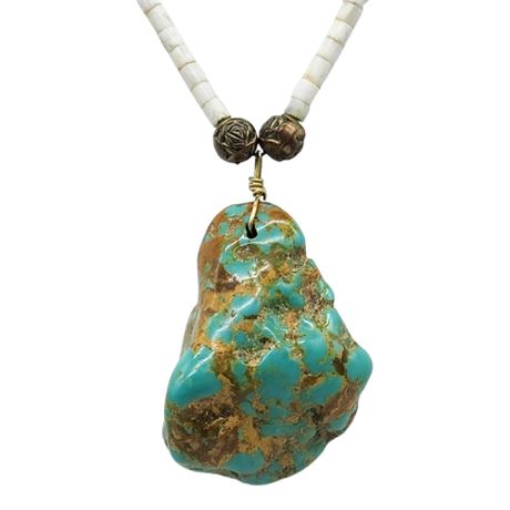 Vintage Genuine Turquoise Nugget Pendant on White Glass Bead Necklace