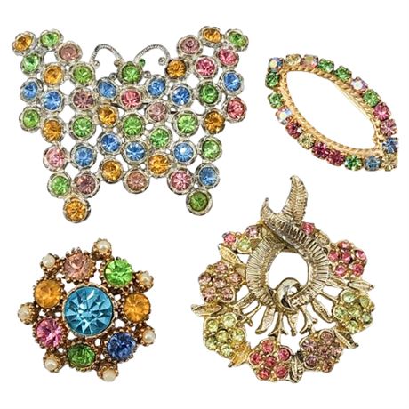 Four Vintage Pastel Rhinestone Brooches