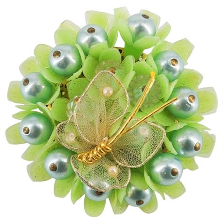 Vintage Beaded Flowers Butterfly Brooch