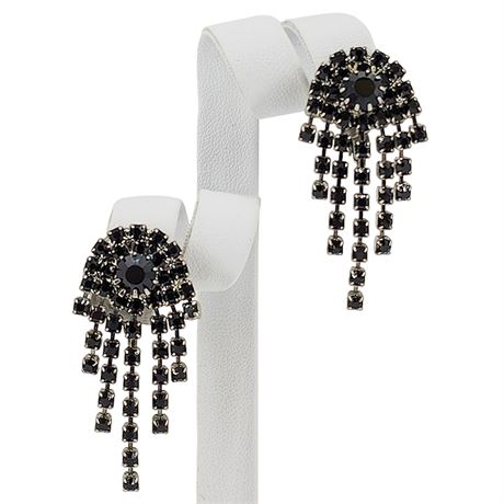 Vintage Prong Set Jet Black Rhinestone Jellyfish Fringe Clip Earrings
