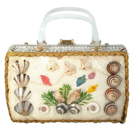 Vintage Adele Handbags Miami Florida Lucite Handle, Shell, Wicker Box Purse