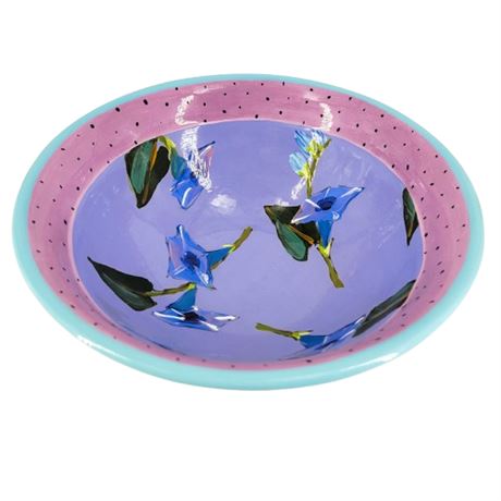 2004 Signed Hand-Painted Purple Floral Pottery Bowl