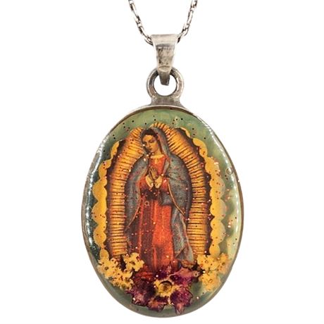 Vintage Mexican Sterling Silver Guadeloupe Dried Flowers Pendant Necklace