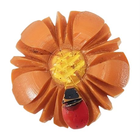 Vintage Tiny Carved Bakelite Flower w/ Ladybug Brooch