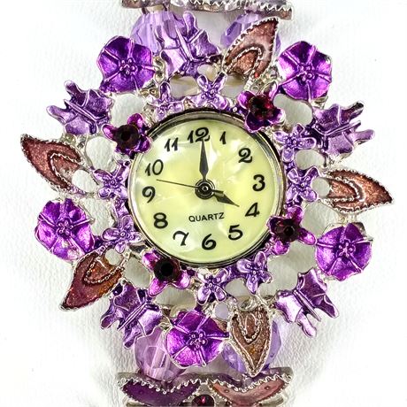 Floral Purple Enamel Quartz Watch – Decorative Statement Style