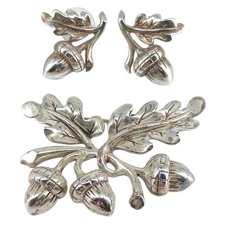 Alice Caviness Acorns and Oak Leaves Pin and Earrings Set, Silver-tone