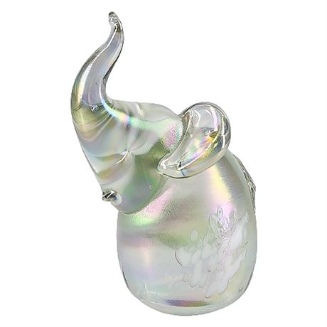 1980s American Greetings Iridescent Art Glass Elephant Paperweight