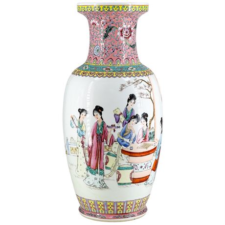 Vintage Chinese Famille Rose "Ladies in the Garden" Porcelain Vase