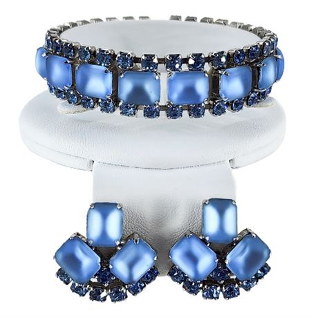Vintage Ice Blue Rhinestone & Frosted Glass Bracelet & Clip Earrings Set