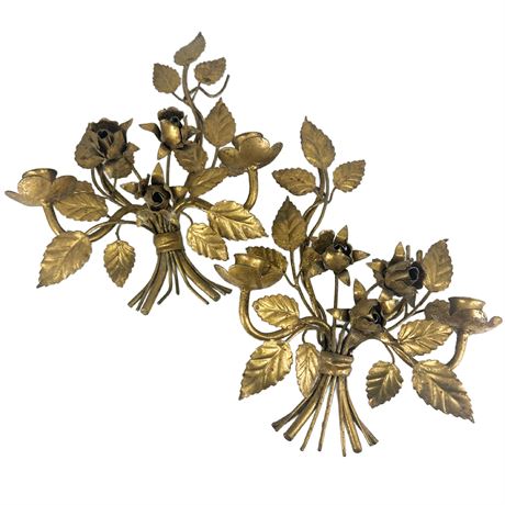 Pair of Vintage Decorative Brass Floral Candle Sconces