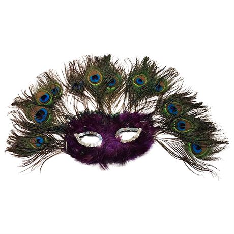 Venetian Style Feather Masquerade Mask, Purple/Peacock
