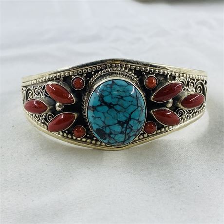 Incredible 55g Sterling Turquoise + Coral Bracelet