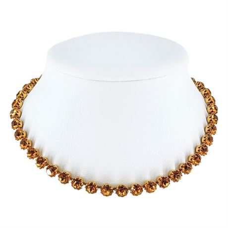 Vintage Gold Tone Bright Yellow Prong Set Rhinestone Choker Necklace