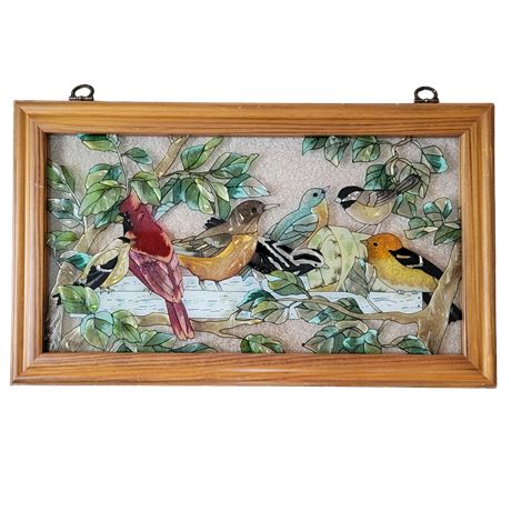 Framed Birds of a Feather Stained Glass Panel