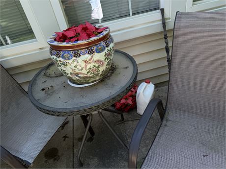 Table & 2 Chairs, 2 Rattan Chairs w/Covers & Pottery Planter