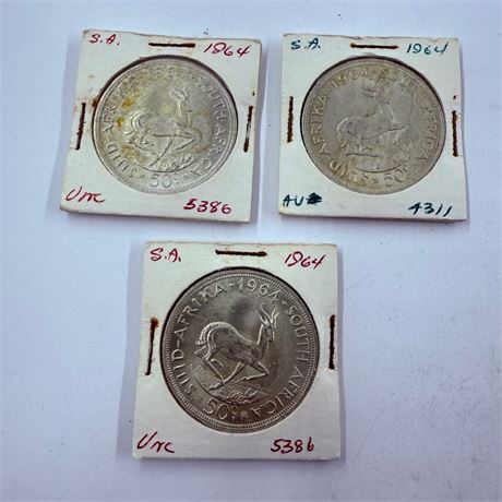 3x 1964 South Africa 5 Silver Shillings
