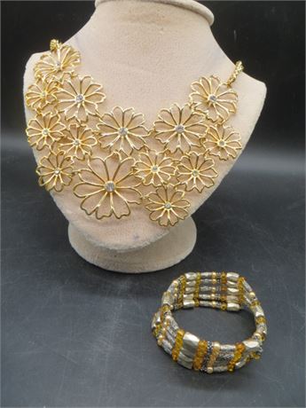 Flower Bed Rhinestone Necklace & Tibetan Silver Tone Fashion Bracelet