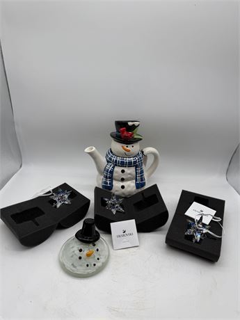 Swarovski Snow Flakes MIB & Snowman Teapot & Paperweight