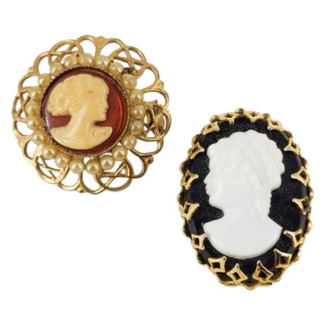 Pair Vintage Plastic Cameo Brooches